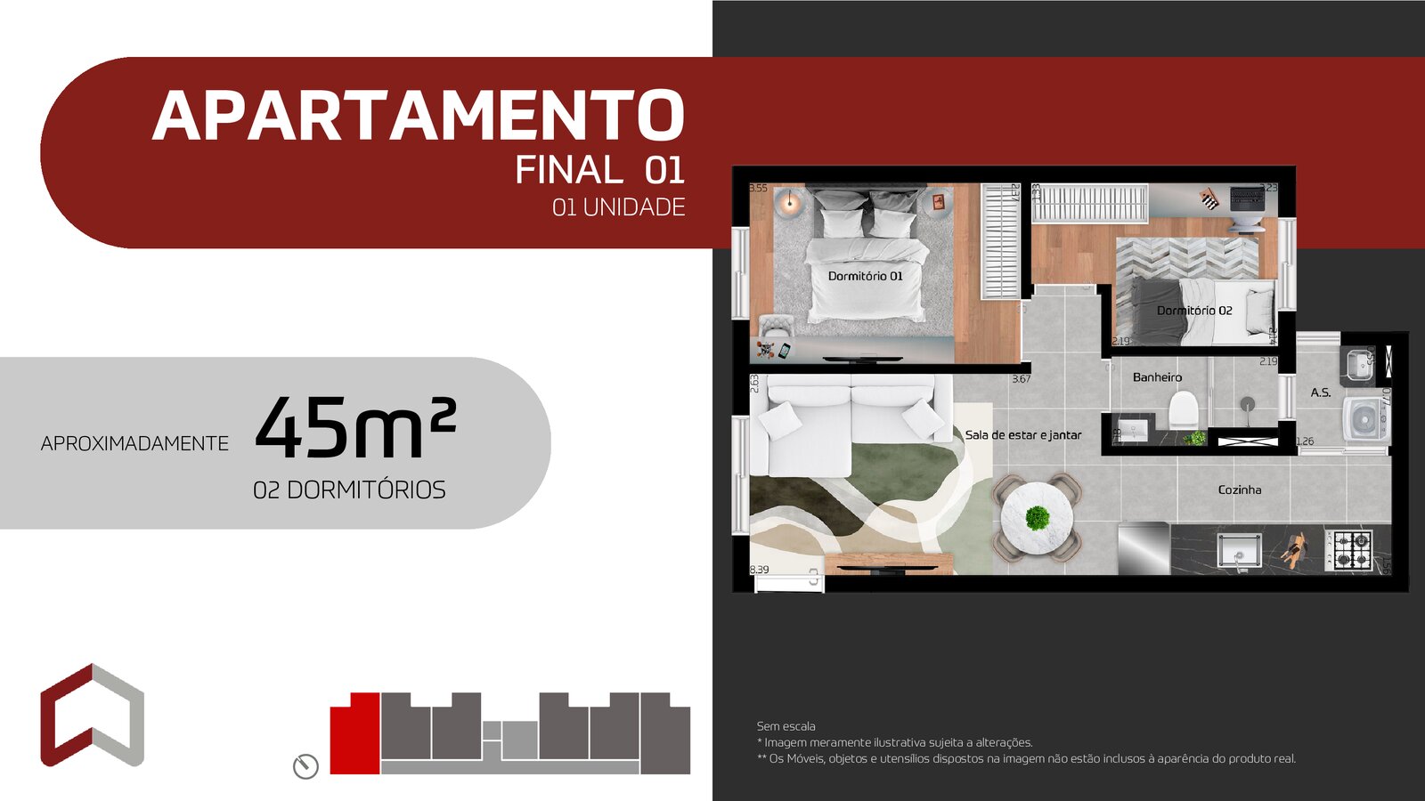 44m² 2 dorms vaga carro