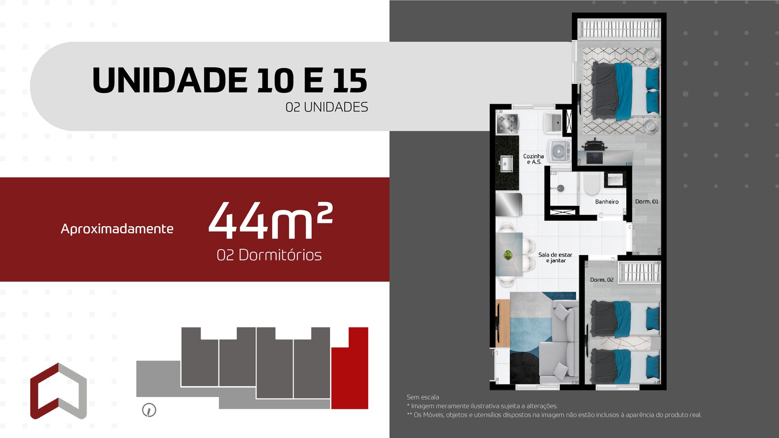 43m² 2 dorms com vaga