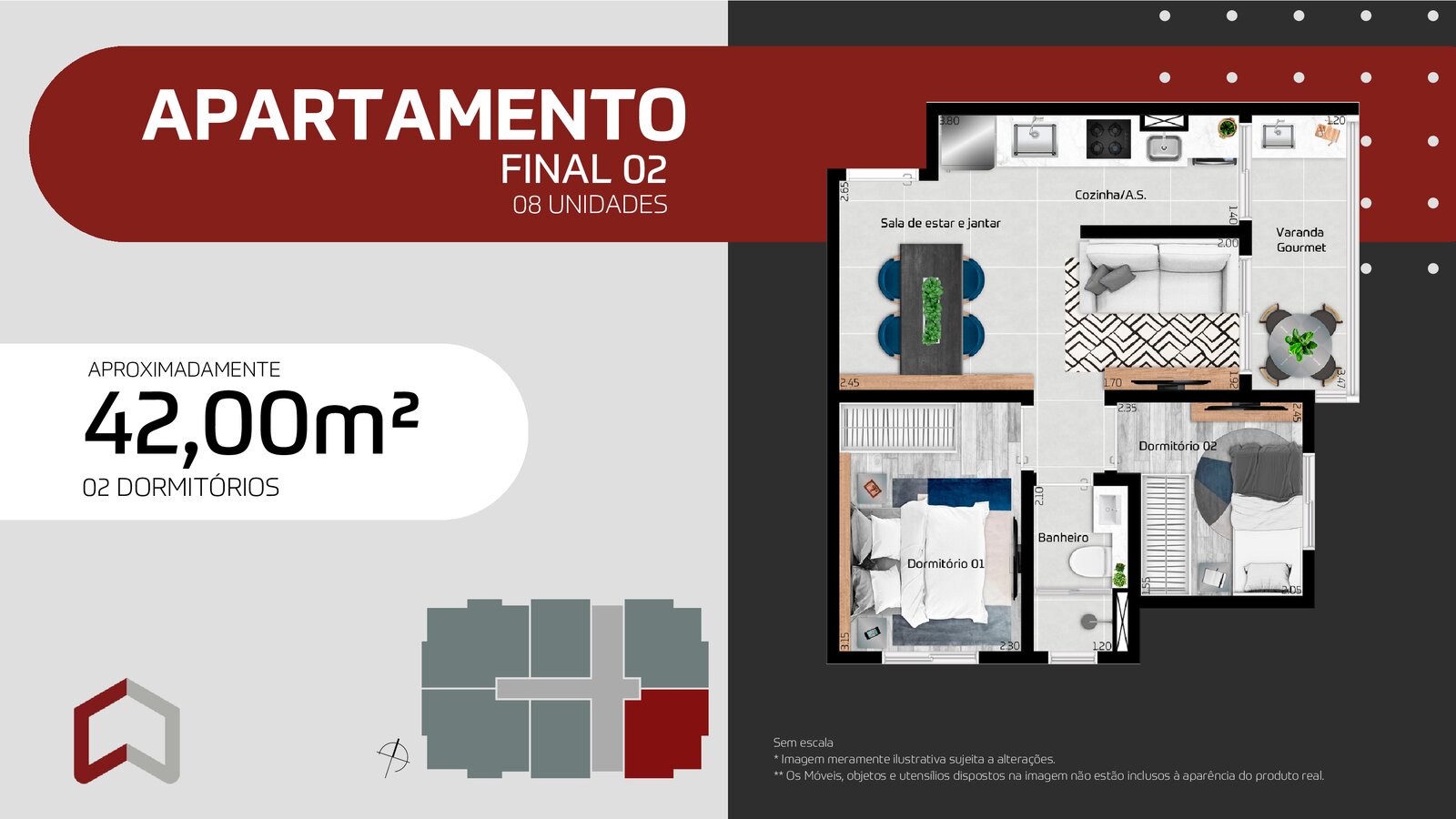 42m² 2 dorms vaga carro