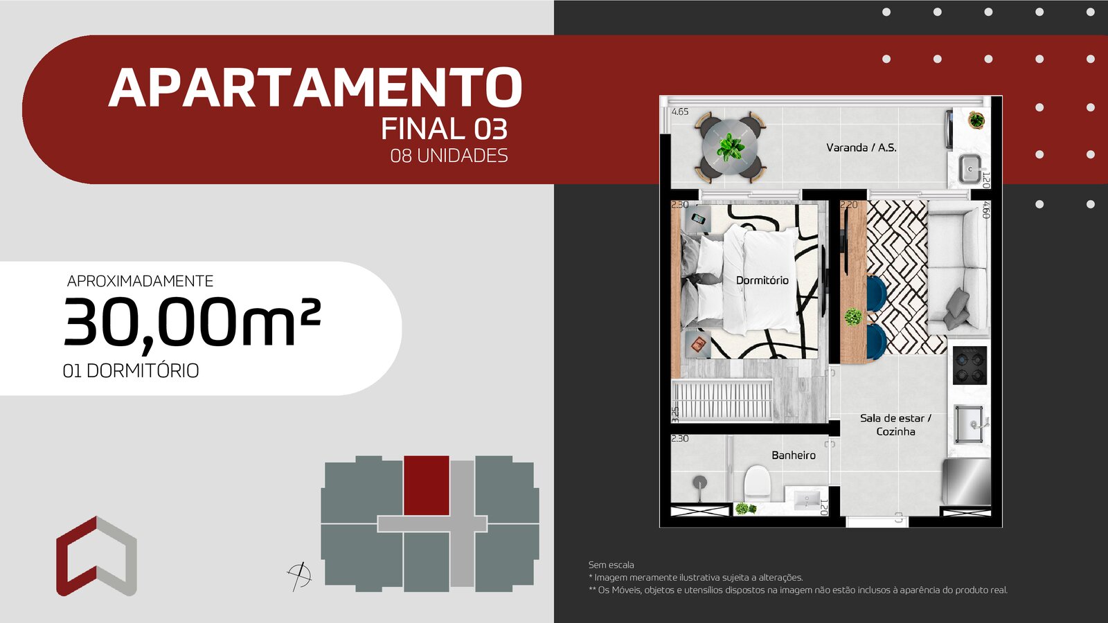 30m² 1 dorm vaga moto