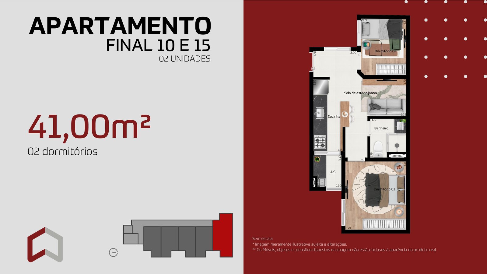 40m² 2 dorms 2º andar