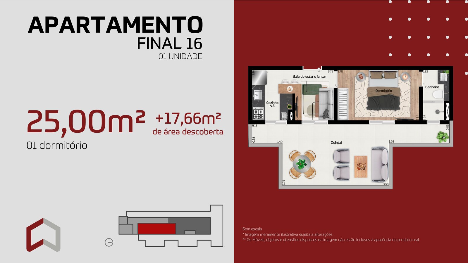 24m² 1 dorm quintal 3º andar