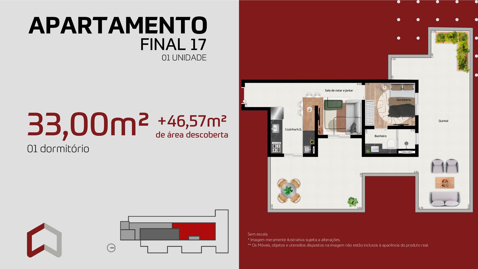 33m² 1 dorm quintal 3º andar