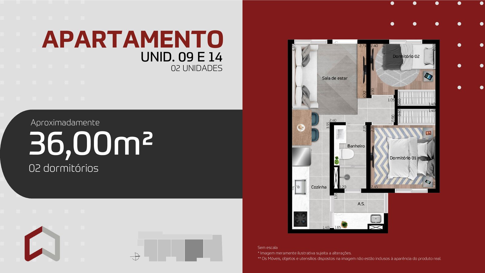 36m² 2 dorms sem vaga