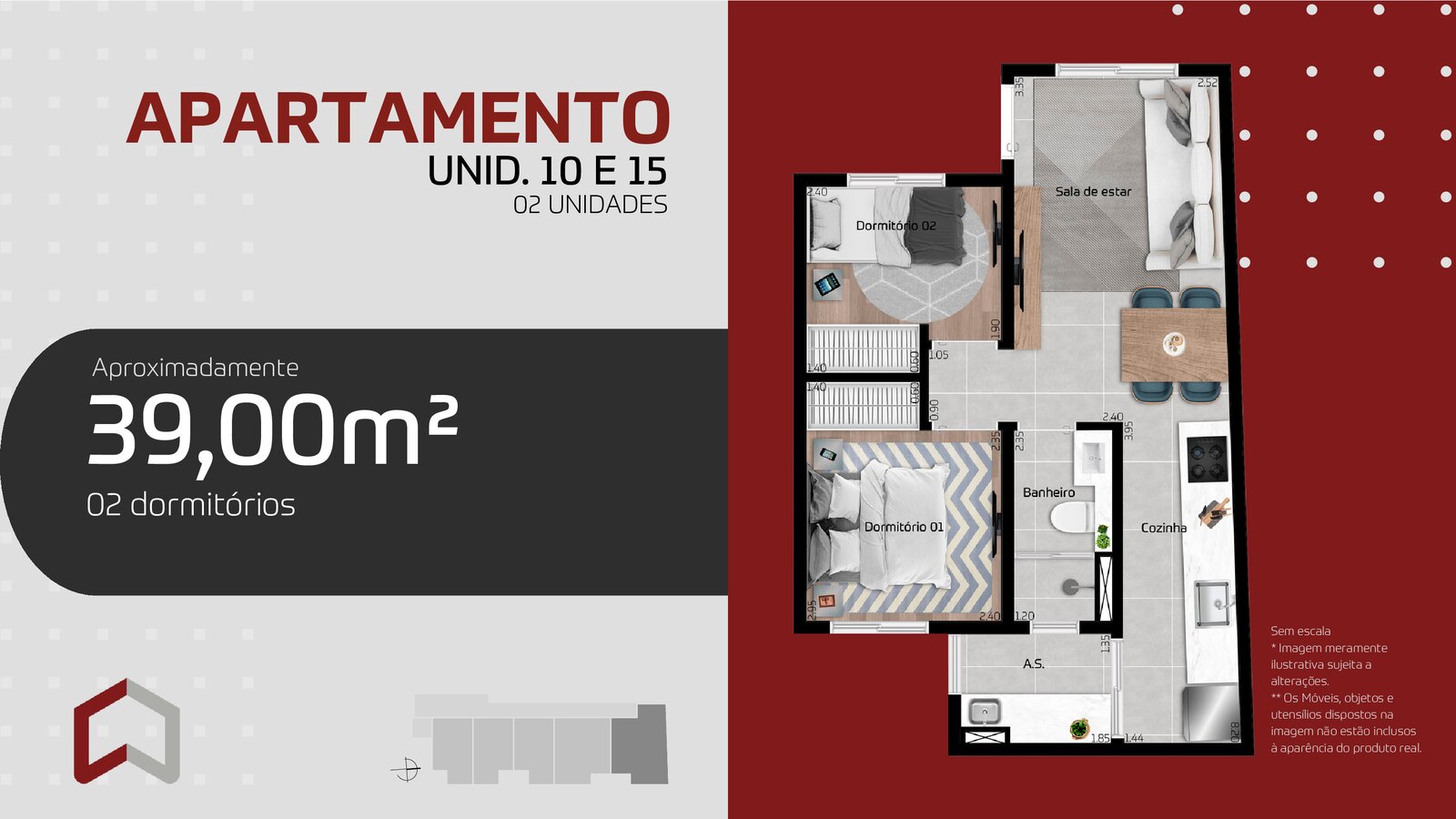 39m² 2 dorms sem vaga